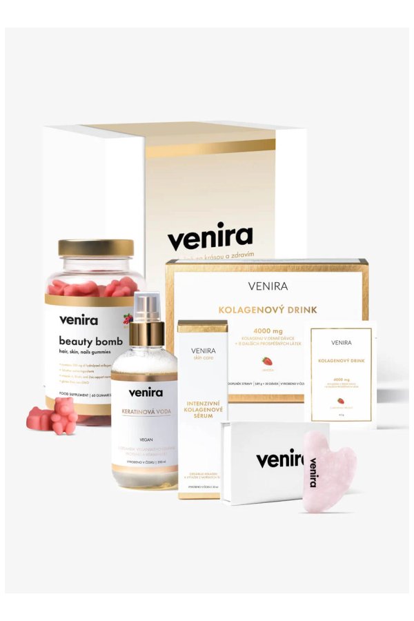 VENIRA dárková sada super beauty — kolagenový drink, beauty bomb, keratinová voda, sérum, gua sha kámen