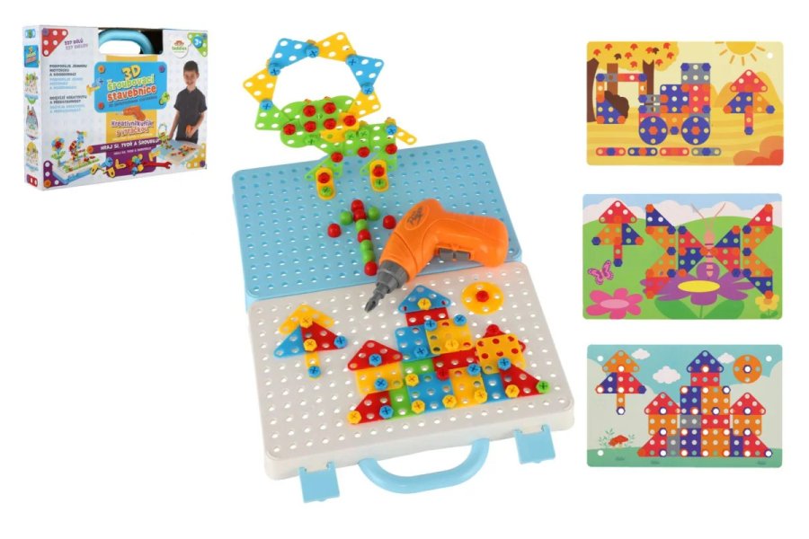 Teddies stavebnice 3D šroubovací — kreativní kufřík s vrtačkou a šablonami