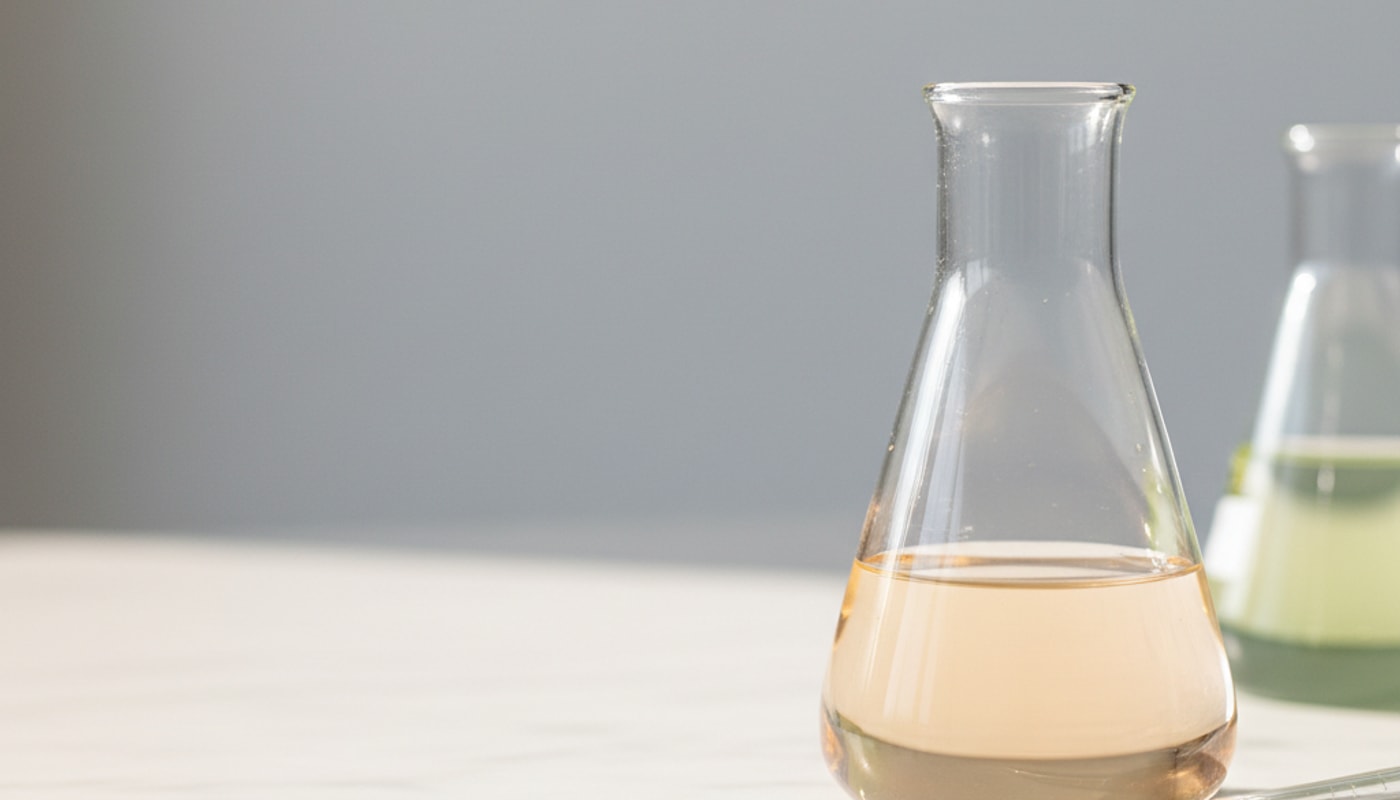 Laboratorní sklo a tlumený přírodní svit — symbol vědeckého výzkumu kolagenu
