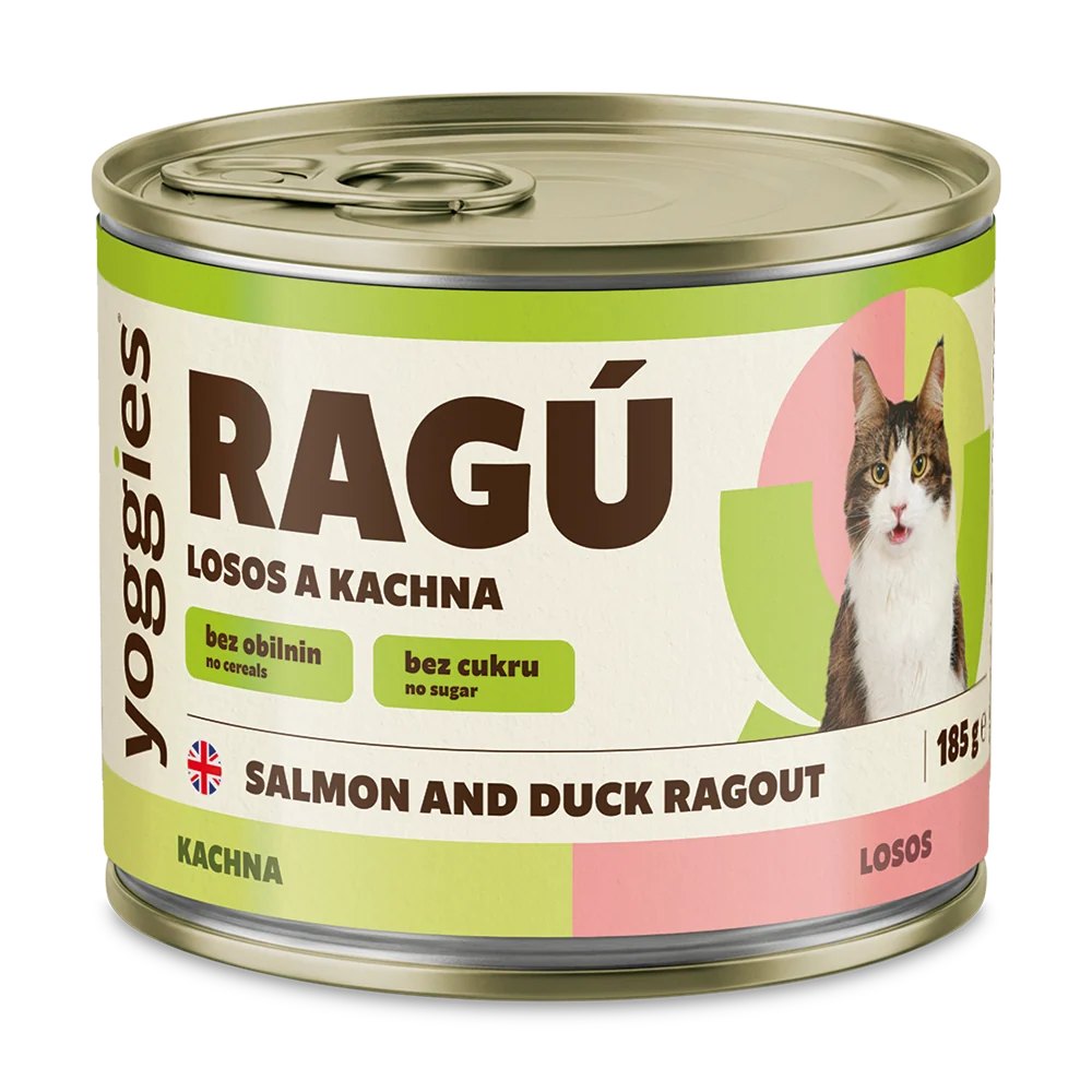 Yoggies RAGÚ pro kočky, losos a kachna 185 g
